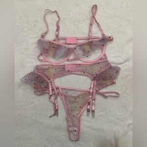 Pink Sheer Lingerie Set L Star Mesh 3pc Garter Festival Rave Burlesque